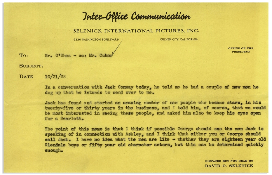 'Gone With the Wind'' Memo From David O. Selznick to Director George Cukor Regarding Casting -- ''...keep his eyes open for a Scarlett...''